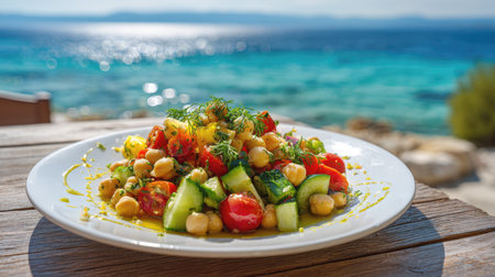 A vibrant, healthy chickpea salad with fresh cucumbers, tomatoes, and herbs is presented on a white plate on a wooden table, with the sparkling blue sea in the background.の素材