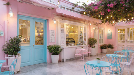 A beautiful and charming outdoor cafe or pastry shop with a pink and light blue facade. It features an outdoor seating area with small tables, lanterns, and a display window.の素材