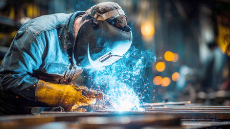 A skilled welder wearing a protective mask and heavy gloves is working on a metal structure in a factory. The intense blue light and flying sparks highlight the details of the work.の素材