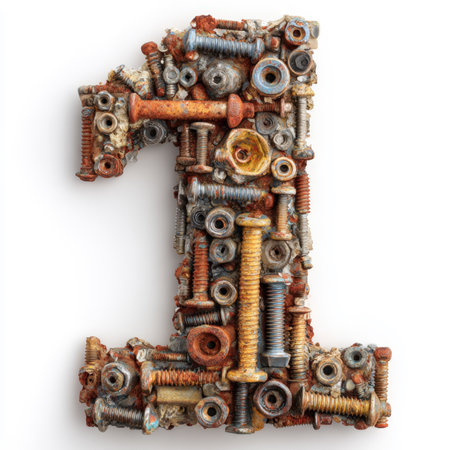 A close-up, eye-level shot of a number "1" sculpture crafted from a collection of old, rusty, and metallic hardware parts. The unique texture and grunge aesthetic stand out on a clean white background.の素材