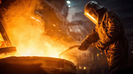 A worker in a foundry, protected by a full-face shield and heat-resistant suit, stands before a crucible of molten metal. Flames and sparks illuminate the intense, physically demanding process of steel production.の素材