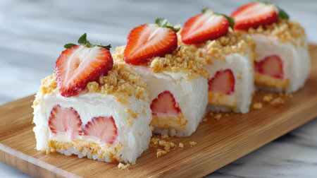A close-up view of four innovative dessert sushi rolls, filled with fresh strawberries and cream cheese, topped with crumble and a strawberry slice. The rolls are presented on a wooden board.の素材
