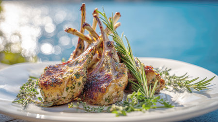 A close-up shot of a beautifully prepared rack of lamb, seasoned with fresh herbs and perfectly cooked. The dish is presented on a white plate with an elegant outdoor dining backdrop of shimmering blue waterの素材