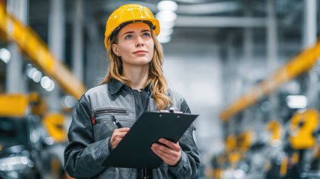 A young female engineer in a yellow hardhat and uniform, holding a clipboard and pen, inspects a factory floor. Her focused expression shows dedication and competence in her role as a professional in a modern industrial setting.の素材