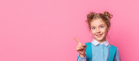 A smiling, energetic young girl with space buns hairstyle, wearing a blue striped shirt and a backpack, points to the left. The solid pink background offers plenty of copy space for text and logos.の素材