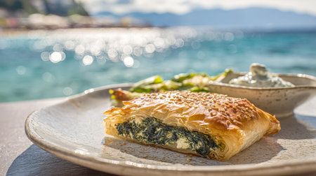 A Savory Spanakopita Triangle with a Side of Salad and Yogurt Sauce. This Traditional Greek Spinach and Feta Pie is Dusted with Sesame Seeds and Beautifully Plated Against a Sunny Seaside Backdrop.の素材