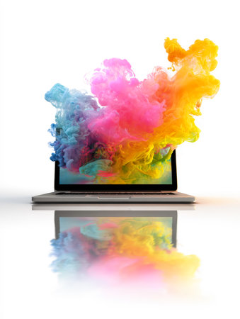 Vibrant Clouds of Multi-Colored Ink Exploding Out of a Laptop Screen with a Reflection Below. This Dynamic and Creative Image Symbolizes Digital Creativity, Artistic Expression, and the Exciting World of Modern Technology.の素材