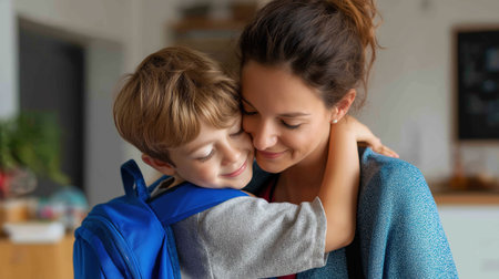 A Loving Mother Hugging Her Young Son, Who is Wearing a Backpack. This Heartwarming Image Captures the Emotional Bond Between a Parent and Child, Perfect for Themes of Family, Back to School, and Affection.の素材