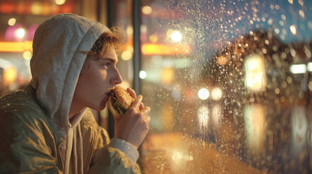 A young man in a hoodie is captured in profile as he eats a burger inside a diner or fast-food restaurant. The window is covered in raindrops, and out-of-focus city lights are visible, creating a moody, atmospheric, and lonely feeling.の素材
