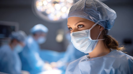A Focused Female Surgeon in Scrubs, a Surgical Cap, and a Mask Stands in an Operating Room. Her Intense and Dedicated Expression Captures the Gravity and Concentration Required in Modern Healthcare and Medical Procedures.の素材