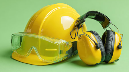 A set of essential personal protective equipment (PPE) for industrial and construction work. The bright yellow hard hat, clear safety goggles, and large ear muffs are arranged against a simple green background, highlighting workplace safety.の素材