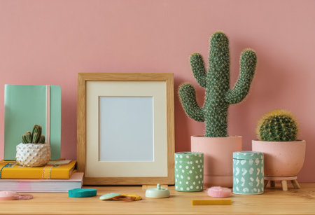A stylish and modern desktop setup featuring an empty wooden picture frame, a large cactus in a pink pot, and a smaller cactus in a decorative pot. The arrangement is complemented by a notebook, books, and pastel-colored accessories against pink wallの素材