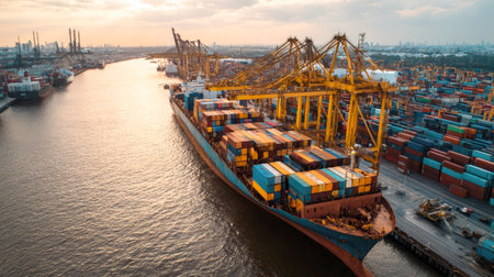 An aerial view of a large container ship being loaded or unloaded at a bustling port. Cranes and stacks of colorful shipping containers line the dock, with the cityscape visible in the background against a dramatic, cloudy sunset sky.の素材