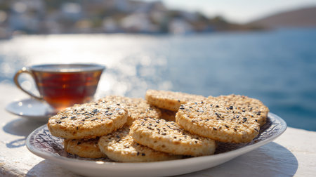 A plate of freshly baked, round cookies topped with black and white sesame seeds, presented next to a cup of tea. The beautiful backdrop of the sparkling blue sea suggests a relaxing moment during a sunny vacation.の素材