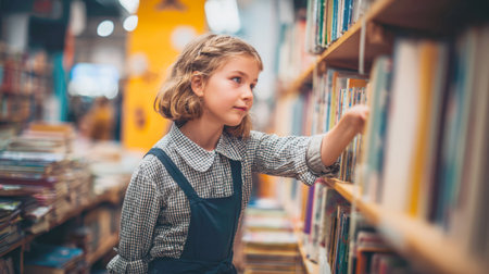 A young girl with a focused and curious expression carefully looks at books on a shelf. The soft lighting and blurred background emphasize her concentration as she explores the stories and knowledge within.の素材