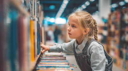 A young girl with a serious and curious expression is shown Browse books on a low shelf. The soft, ambient lighting and blurred background focus attention on her dedicated search for a new story.の素材