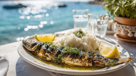 A beautifully grilled whole fish, drizzled with olive oil and garnished with fresh dill and lemon wedges, is served on a plate with steamed white rice. The meal is presented at an outdoor table with a sparkling blue sea in the background.の素材