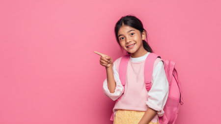 A cheerful young girl with a pink backpack, smiling and pointing to the side at a blank space, perfect for text or graphics. She is ready for school, symbolizing education, learning, and back-to-school concepts.の素材