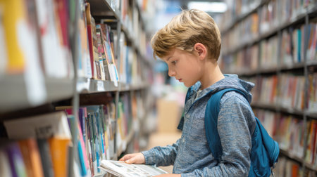 A young boy with a backpack stands in a library, looking intently at a book he's holding. He's surrounded by shelves filled with books, conveying a sense of curiosity, learning, and education.の素材