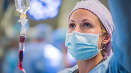 A serious and focused female medical professional, wearing a surgical mask and cap, looking up and to the side in an operating room, with a visible IV drip in the foreground, signifying dedication and medical care.の素材