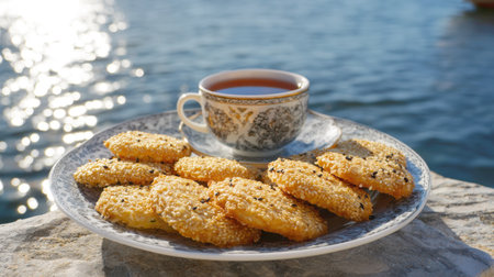 A plate of delicious golden sesame seed cookies with a cup of hot tea on a stone table, set against a backdrop of a sun-drenched, sparkling blue ocean. Perfect for a relaxing afternoon treat.の素材