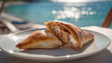 Delicious Greek spinach and feta cheese phyllo pastry triangles, served on a plate with the sparkling blue sea in the background. A close-up of two delicious triangles of Greek spanakopita, or spinach and feta cheese pie, on a white plateの素材