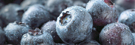 A close-up, macro shot of fresh blueberries covered in tiny water droplets. The focus is sharp on the berries, highlighting their natural texture and vibrant color, making them look fresh and ready to eat.の素材