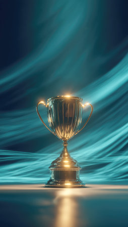 A glaming gold trophy standing proudly against a dynamic blue abstract background, radiating light and symbolizing triumph. Perfect for themes of success, awards, competition, and excellence.の素材