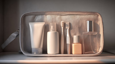 An open toiletry bag containing a neat set of travel-sized personal care items, including tubes, bottles, and toothbrushes, perfect for a trip or hotel stay.の素材