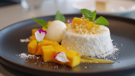 A sophisticated and beautifully plated dessert featuring a light and airy mango mousse, accompanied by a scoop of ice cream and fresh mango cubes. The dish is garnished with mint leaves and edible flowers, perfect for a high-end restaurant menu.の素材