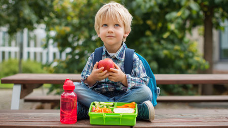 A young boy with a backpack is sitting cross-legged on a wooden bench with his lunch box and water bottle in front of him. He is holding a red apple and looking away with a thoughtful face. In the lunch box are vegetables, cheese and a sandwich.の素材