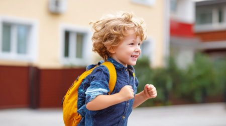 A smiling young boy with a yellow backpack joyfully heads to his first day of school. This image captures the excitement and happiness of a child starting their educational journey, ready to learn and explore.の素材
