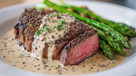A perfectly cooked peppercorn-crusted steak, sliced to reveal a medium-rare center, sits in a rich, creamy cognac sauce. Accompanied by fresh asparagus, this elegant dish is a symbol of fine dining and gourmet cuisine.の素材