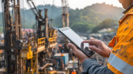 A skilled worker in a high-visibility jacket is using a tablet to monitor and manage operations at a heavy industrial site, like a petroleum or gas plant. The scene highlights the role of technology in modern heavy industry.の素材