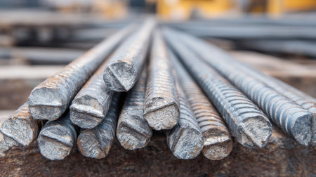 close-up shot of multiple ribbed iron rods, illustrating the key materials used in building and industrial projects, showing texture and industrial quality.の素材