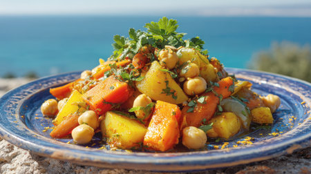 A Vibrant, Colorful Vegan and Gluten-Free Moroccan Tagine Stew, Served Outdoors with a Breathtaking Ocean View. This Healthy Dish Is Filled with Chickpeas, Carrots, and Potatoes.の素材