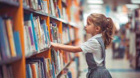 A Curious Young Girl in a School Uniform Reaches for a Book on a Shelf in a Library. This Image Represents a Child's Love for Reading, Education, and Discovery, Capturing a Quiet Moment of Learning and Exploration.の素材