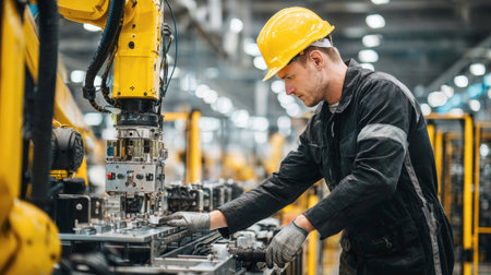 A skilled technician at a factory floor, focused on his work. This image captures the essence of modern industrial production, showing the collaboration between human expertise and sophisticated robotic systems in a high-tech environment.の素材