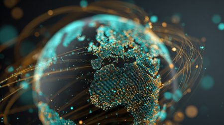 An abstract glowing digital earth with a network of lines and dots connecting different parts of the world, representing global communication, technology, and data transfer.の素材