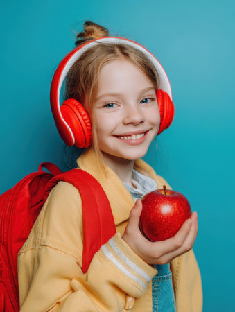 A bright-eyed schoolgirl with a red backpack and headphones holds a shiny red apple, smiling excitedly against a vibrant blue background, celebrating the start of the new academic year.の素材