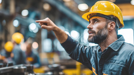 A male industrial worker in a yellow hard hat and uniform pointing, focused on his job in a busy factory environment. The image emphasizes professionalism, teamwork, and industrial progress.の素材