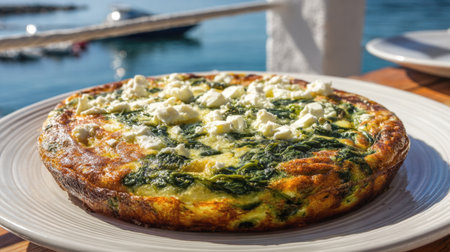 A rustic, savory frittata overflowing with fresh spinach and creamy crumbled feta cheese, baked to a golden-brown perfection. Perfect for a healthy breakfast, brunch, or light lunch.の素材