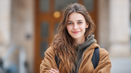 A smiling and confident young woman with a backpack, standing with her arms crossed in front of a university building. Her portrait conveys a feeling of success, ambition, and the modern student lifestyle.の素材