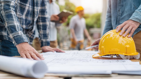 A close-up of a construction worker team gathered around a table with blueprints, discussing and planning the project on a job site. A yellow hard hat is on the table.の素材