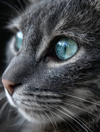 A stunning and expressive macro close-up of a gray tabby cat's face, highlighting its intricate fur and a beautiful, piercing turquoise eye.の素材