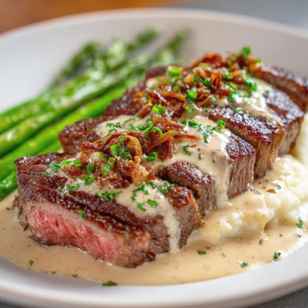 A gourmet steak dinner is beautifully plated with sliced steak on mashed potatoes, topped with sauce and fried onions. The dish includes asparagus, highlighting high-end dining and professional culinary art.の素材