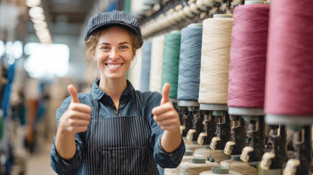 A cheerful young artisan gives a thumbs-up, showing her expertise and dedication to the craft amidst rows of high-quality thread in a modern manufacturing plant.の素材