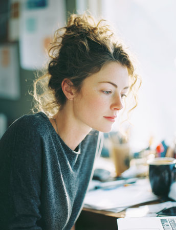 A focused and thoughtful woman with her hair in a messy bun works on a laptop at her desk. The warm, natural sunlight illuminates her workspace, creating a cozy and productive atmosphere in her home office.の素材