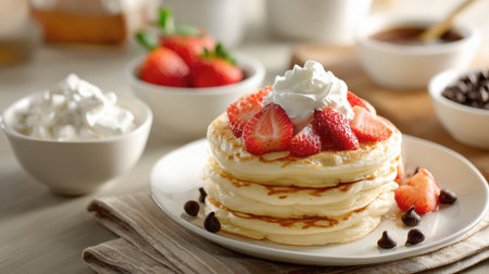 A delicious and appetizing stack of fluffy pancakes topped with whipped cream, sliced fresh strawberries, and chocolate chips, with maple syrup and fruit on the side.の素材