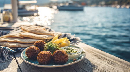 A delicious plate of homemade falafel balls with pita bread, fresh tzatziki sauce, and lemon wedges, set on a rustic wooden table by the water, perfect for a sunny day by the sea.の素材